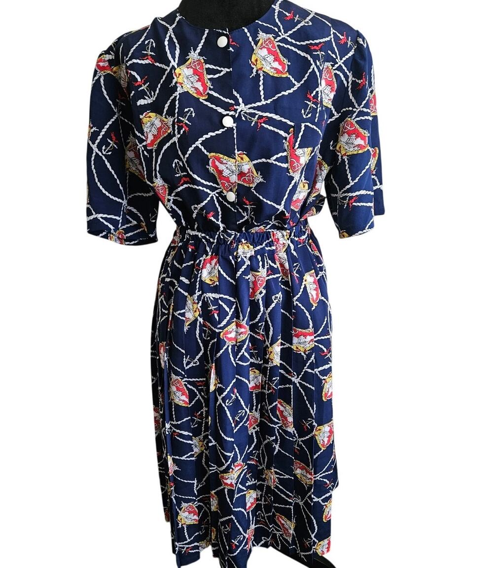 Vintage 80s Made in France Nautical Rope Anchor Print Midi Dress Navy Blue M